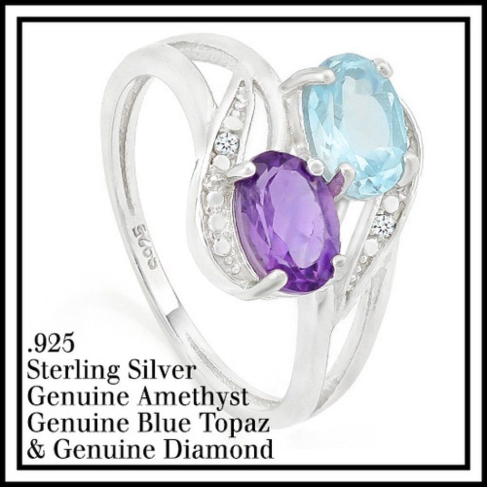 Glamouresq Solid .925 ST. Sil.1.65ctw Topaz Amethyst Diamond Ring Size 8